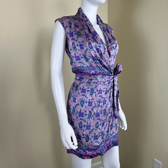 Zara Womens Size S Pasiley Floral Satin Wrap Mini Dress Boho Party Preppy Resort - Picture 13 of 16